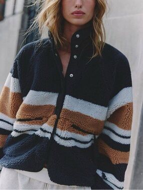 Free People Hit The Slopes Printed Fleece Jacket - Black Nutmeg Stripe - NWT